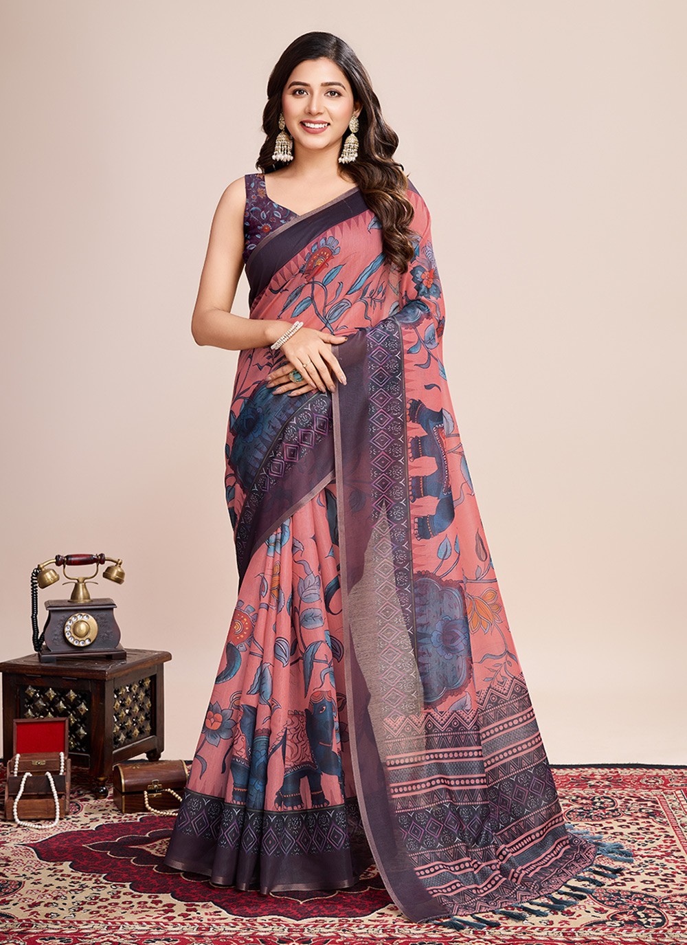 Border Work, Digital Print Linen Saree - S11538