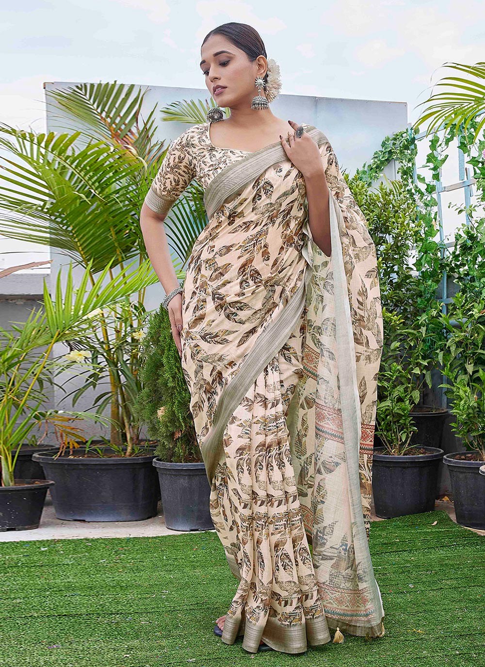Classic Digital Print Linen Saree - S8986