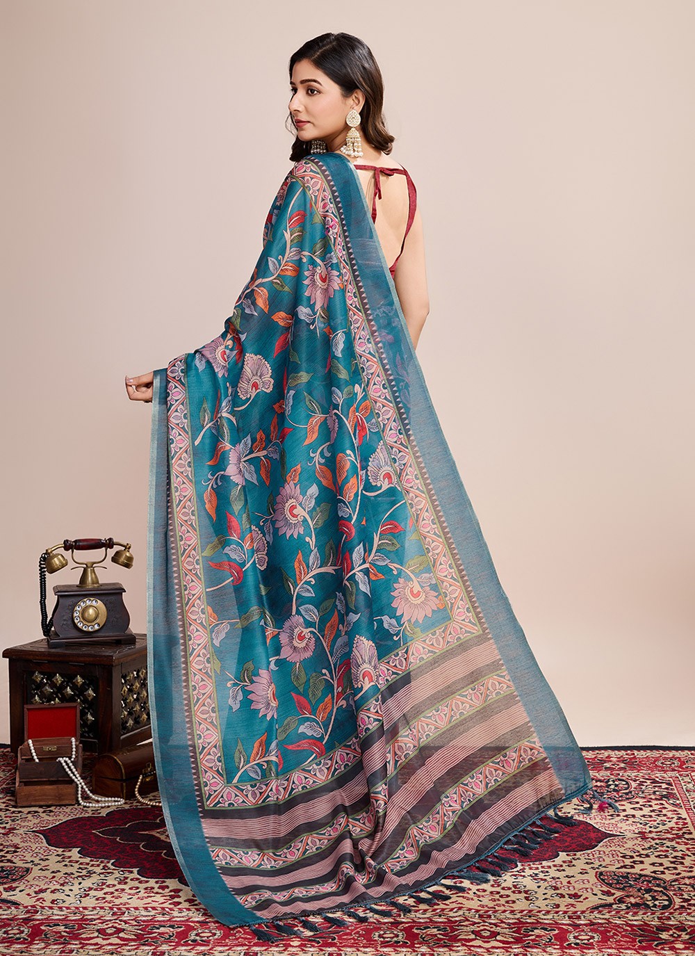 Border Work, Digital Print Linen Saree - S11538