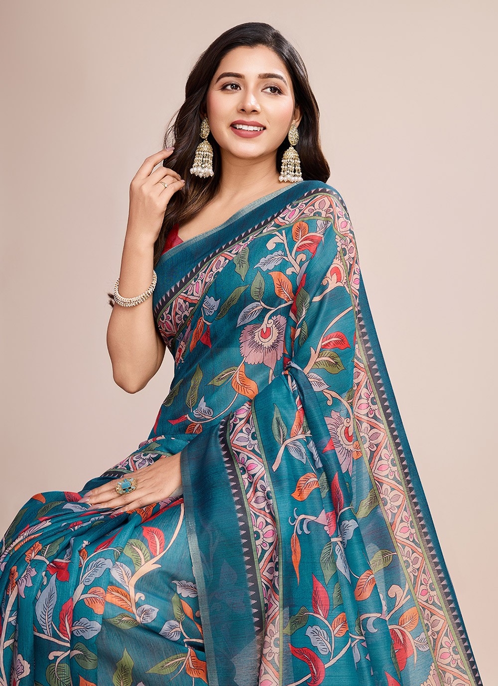 Border Work, Digital Print Linen Saree - S11538