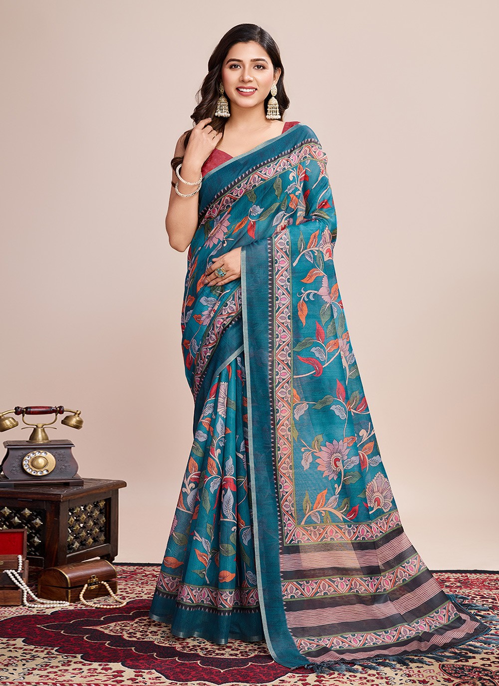 Border Work, Digital Print Linen Saree - S11538