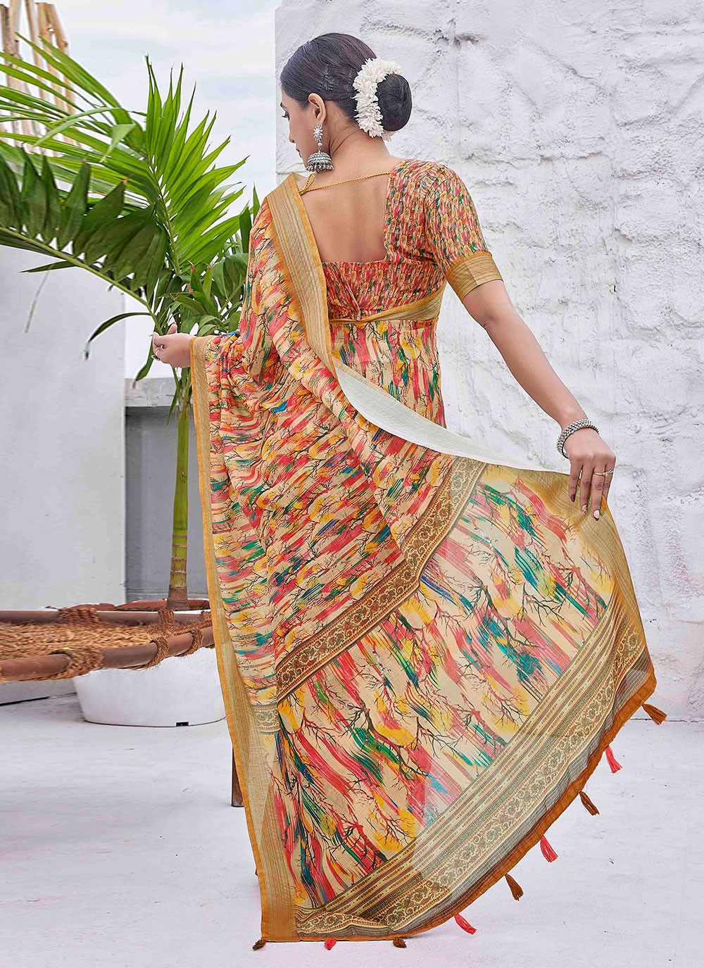 Classic Digital Print Linen Saree - S9004