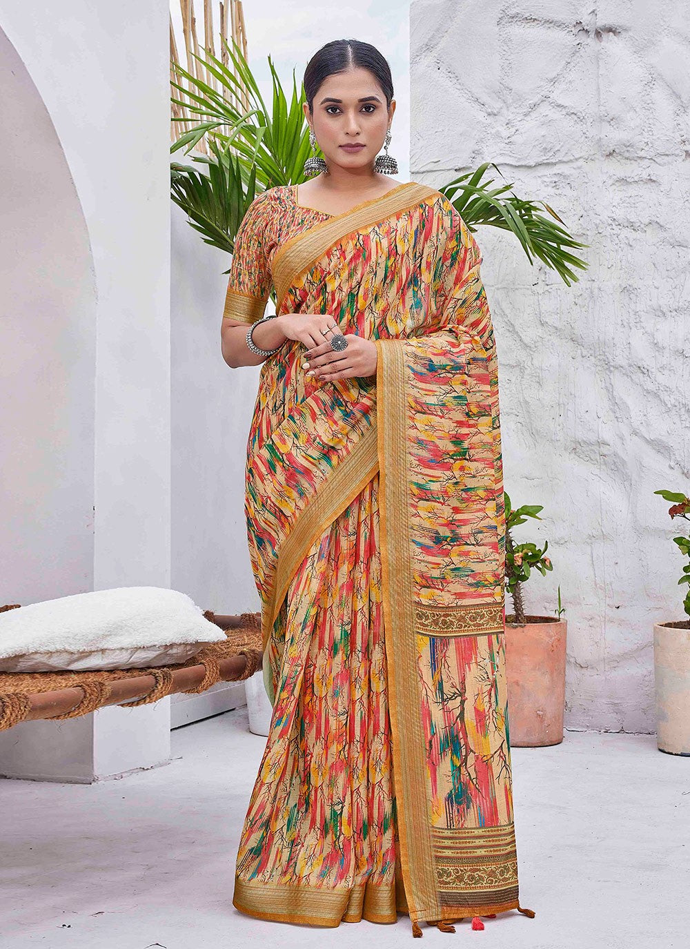 Classic Digital Print Linen Saree - S9004