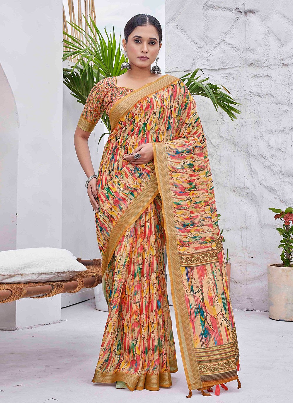 Classic Digital Print Linen Saree - S9004
