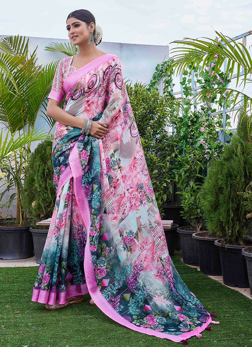 Classic Digital Print Linen Saree - S9004