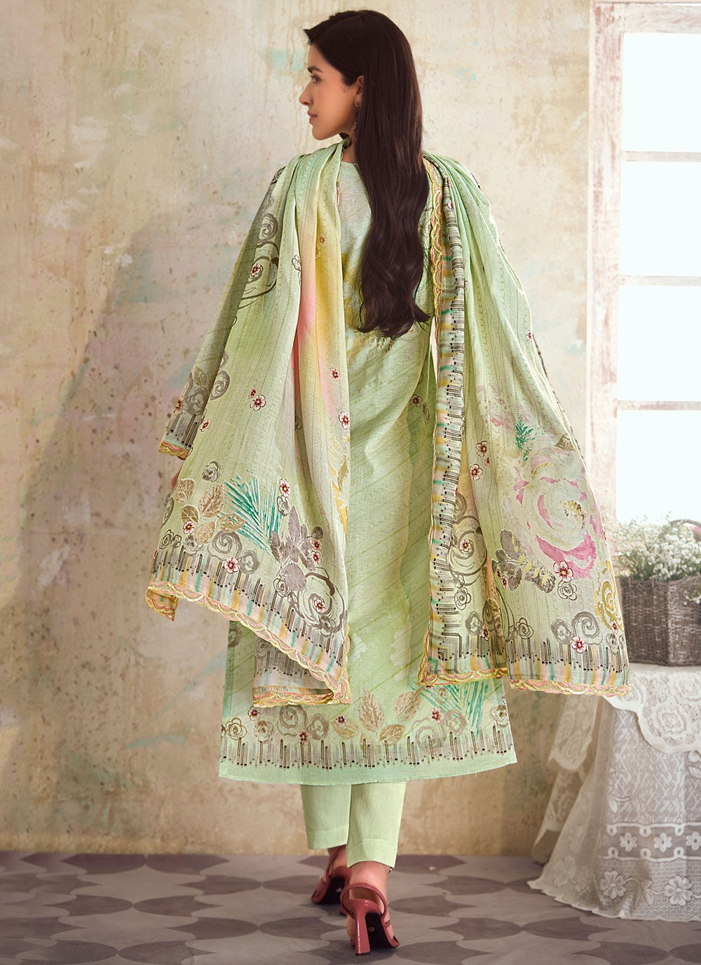 Digital Print Linen Sea Green Pant Style Suit T6302
