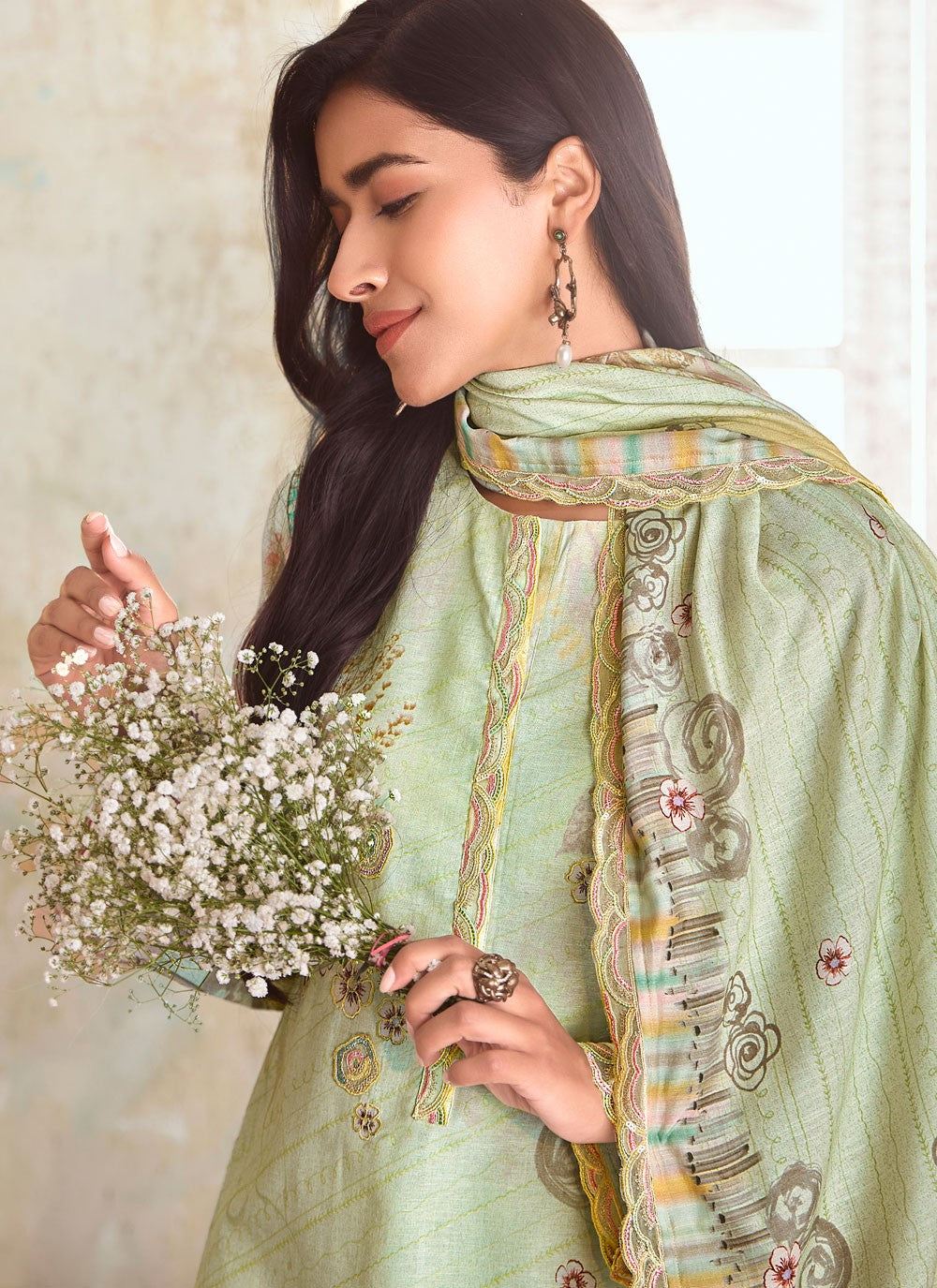 Digital Print Linen Sea Green Pant Style Suit T6302
