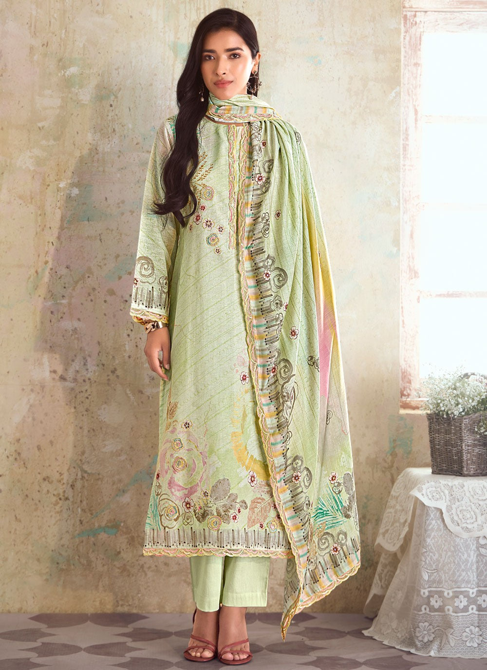 Digital Print Linen Sea Green Pant Style Suit T6302