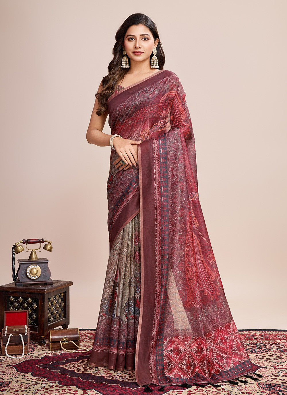 Border Work, Digital Print Linen Saree - S11538