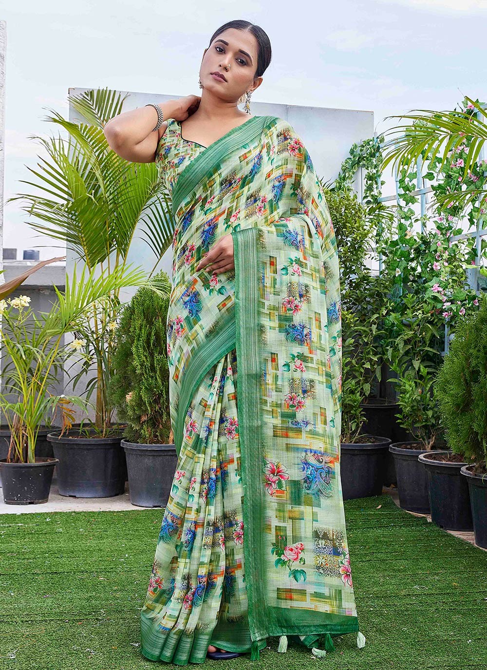 Classic Digital Print Linen Saree - S9004