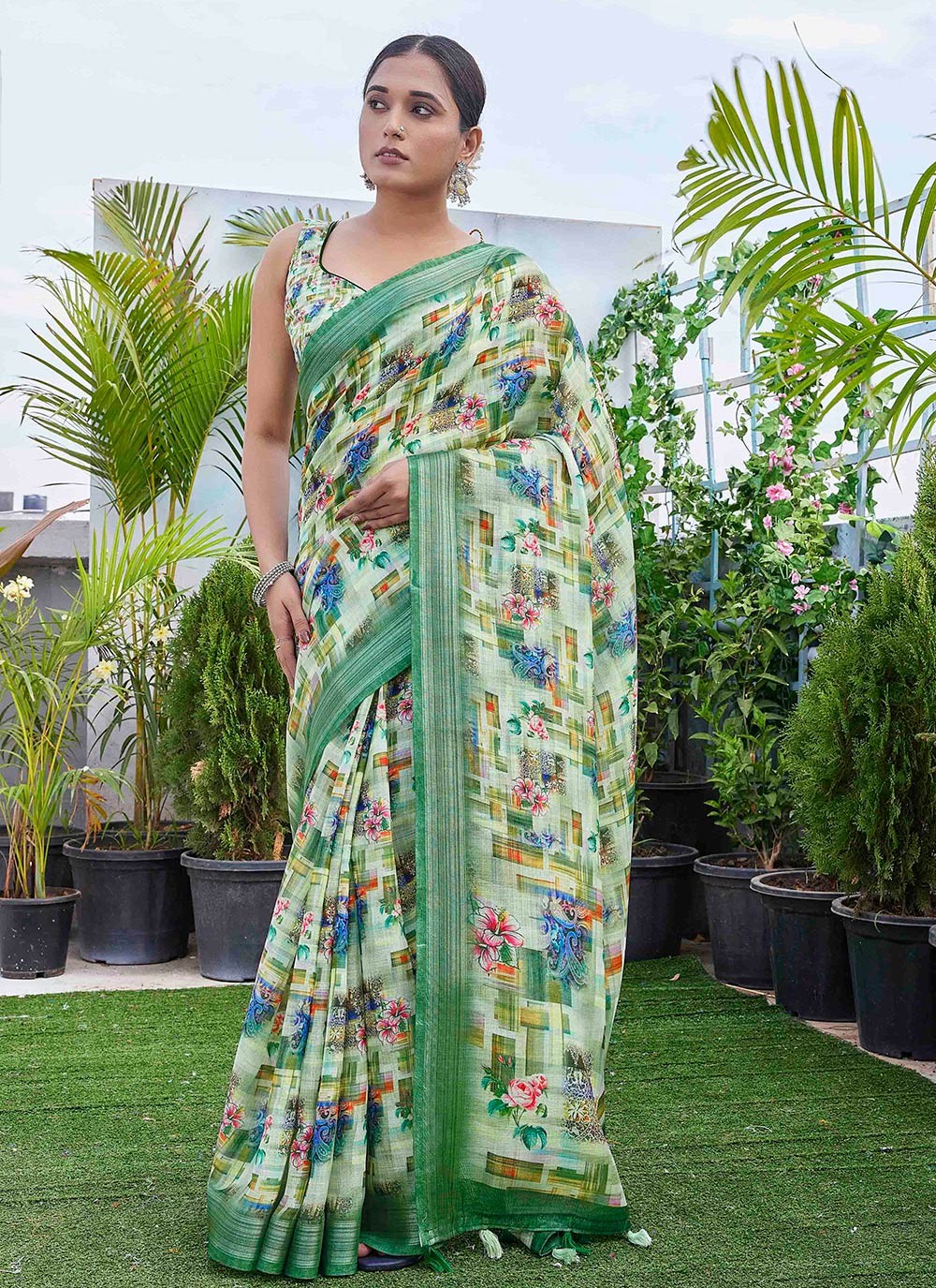 Classic Digital Print Linen Saree - S9004