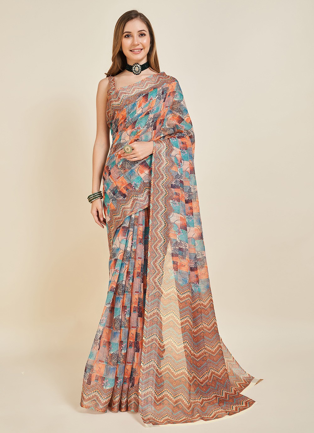 Casual Printed Linen Saree - S5555