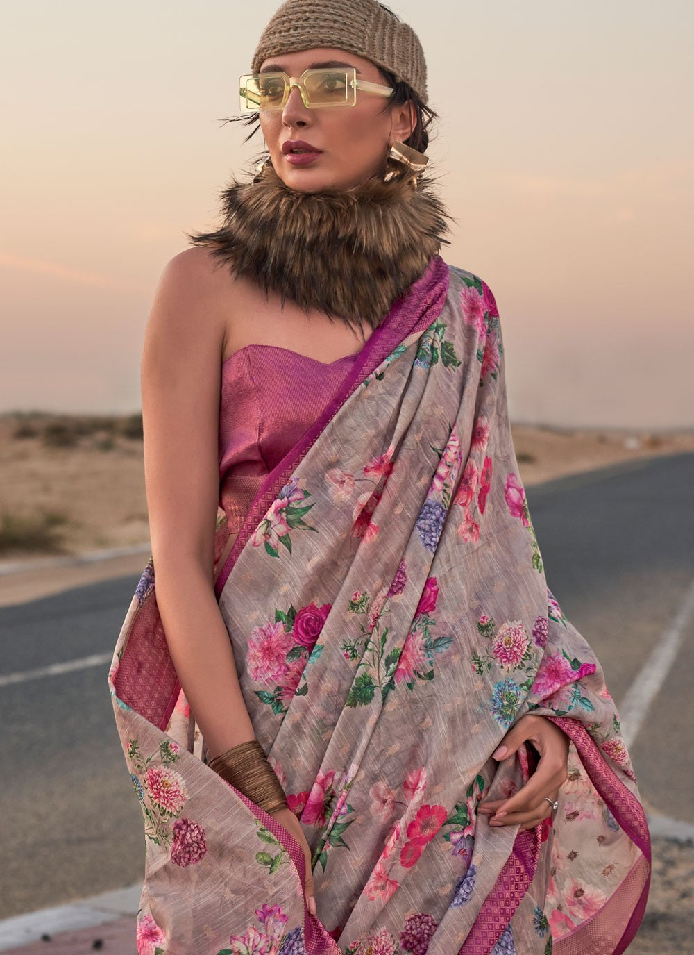 Classic Printed Linen Saree - S6419