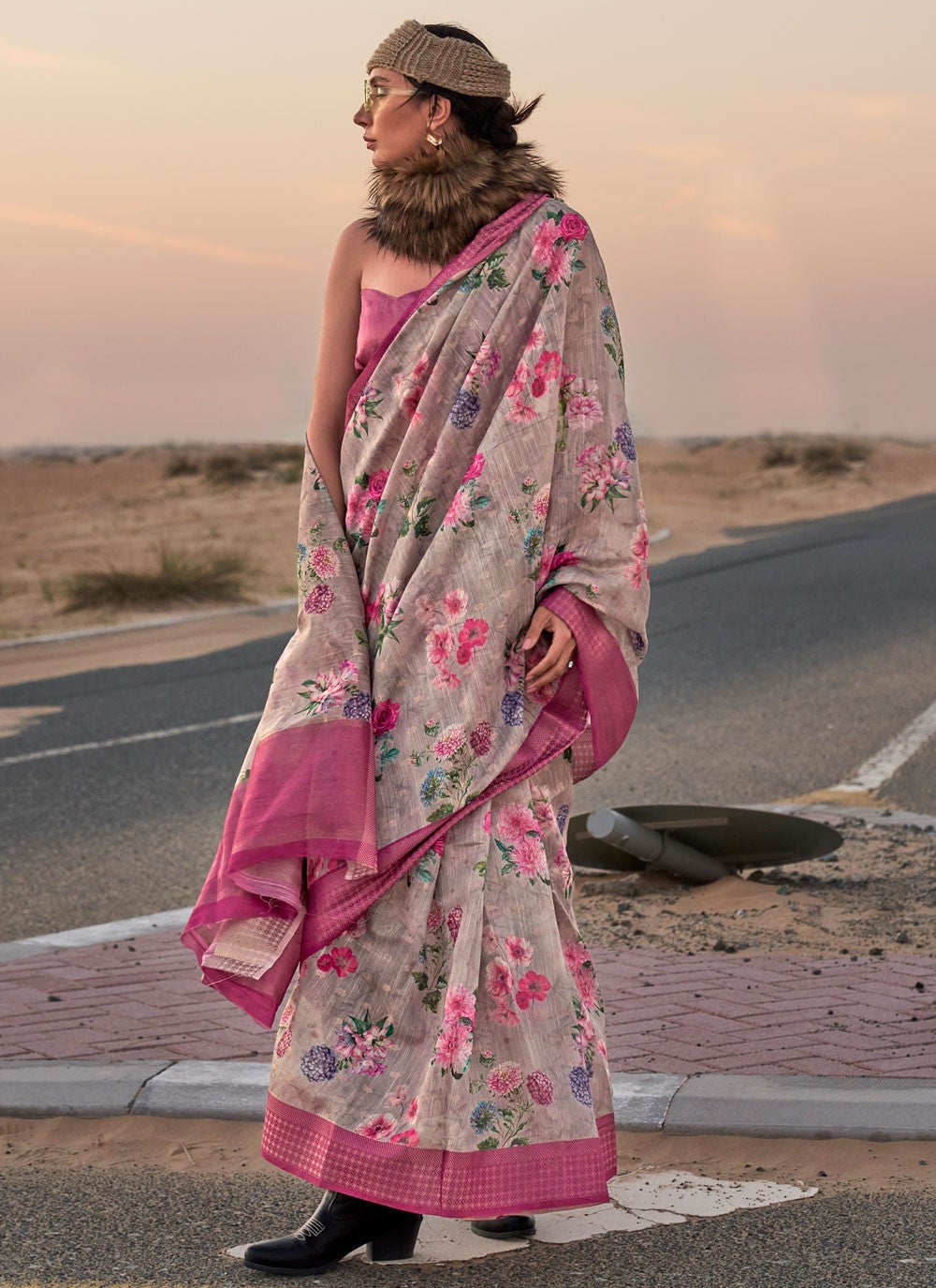 Classic Printed Linen Saree - S6419