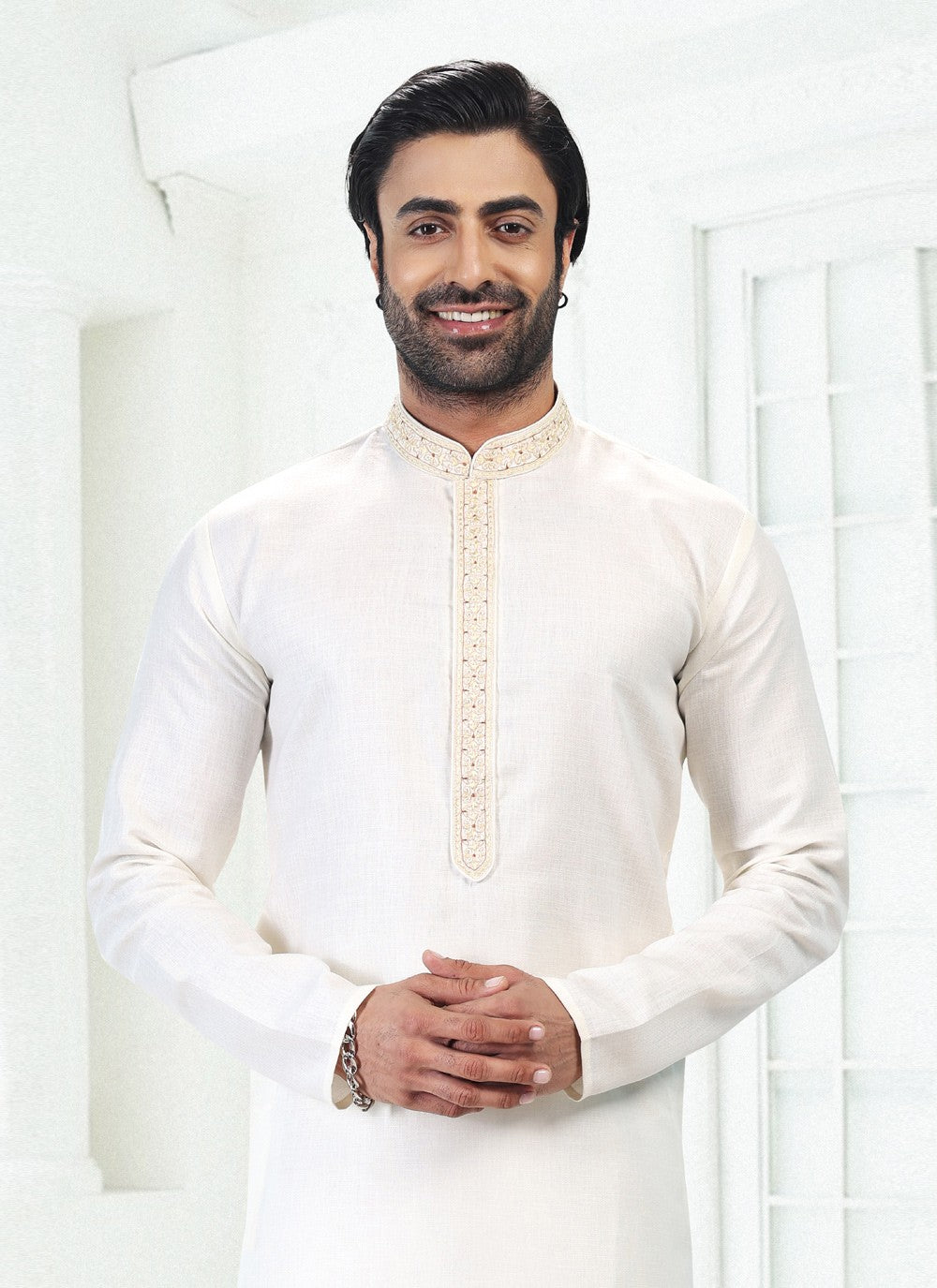 Thread Cotton , Linen Cream Kurta Pyjama - M4887