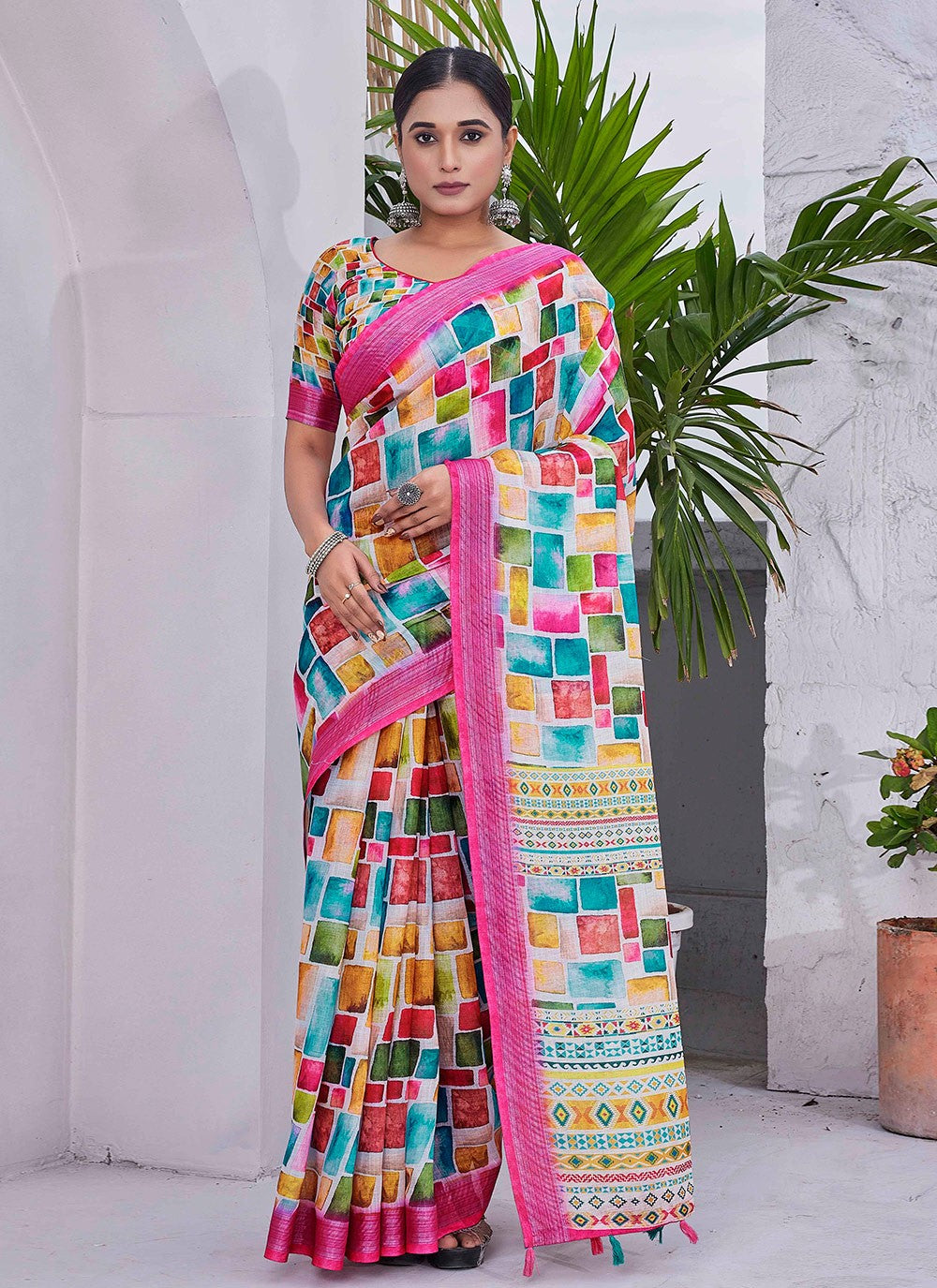 Classic Digital Print Linen Saree - S8986