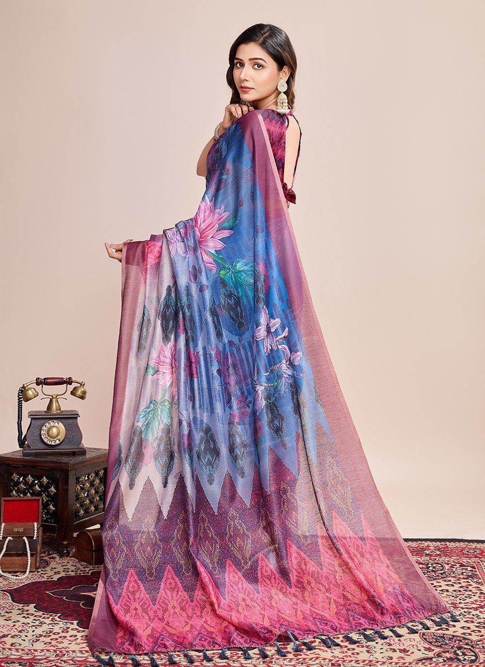 Border Work, Digital Print Linen Saree - S11538