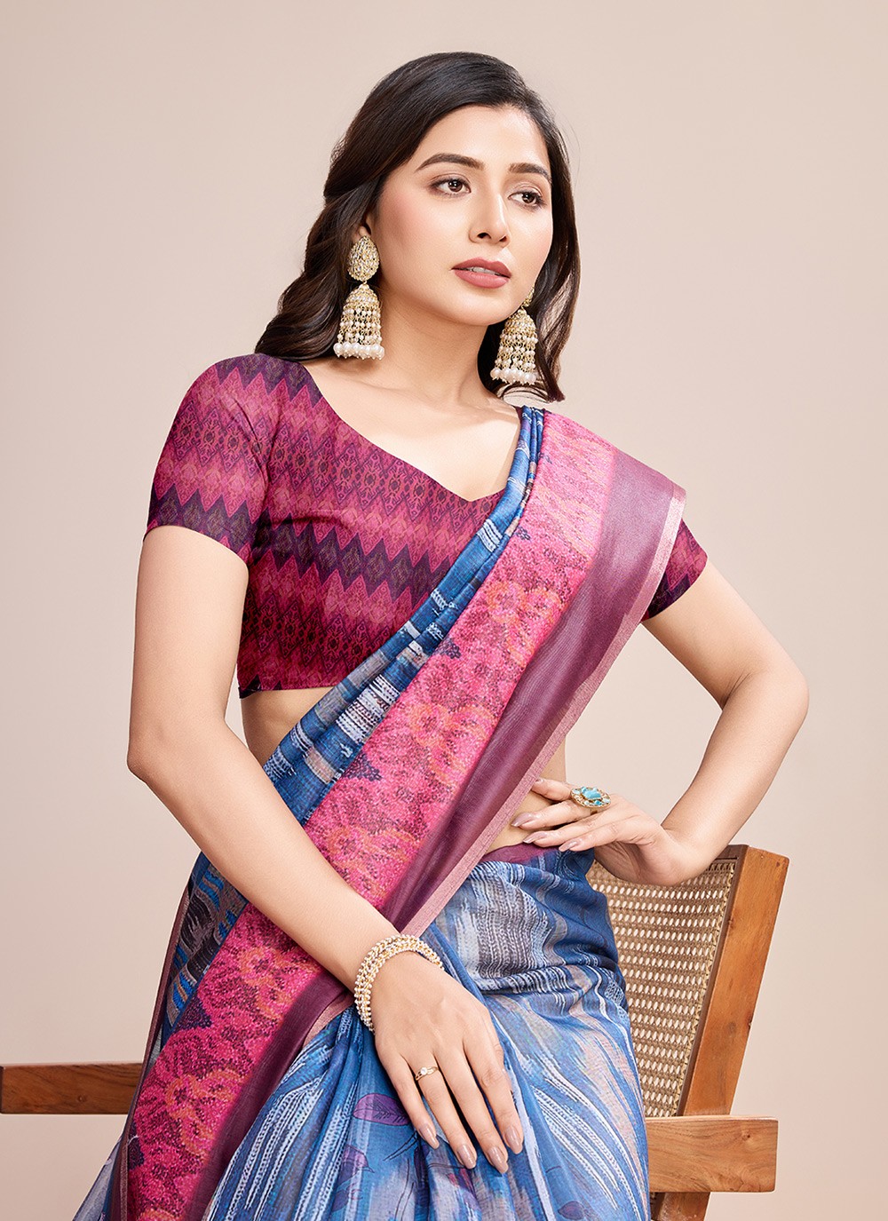 Border Work, Digital Print Linen Saree - S11538