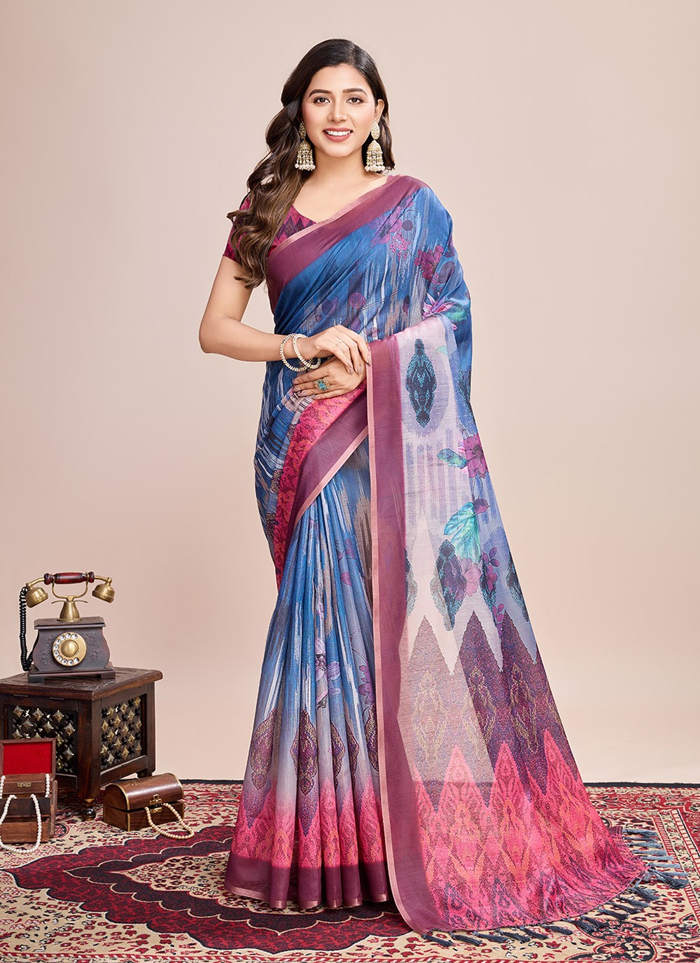 Border Work, Digital Print Linen Saree - S11538