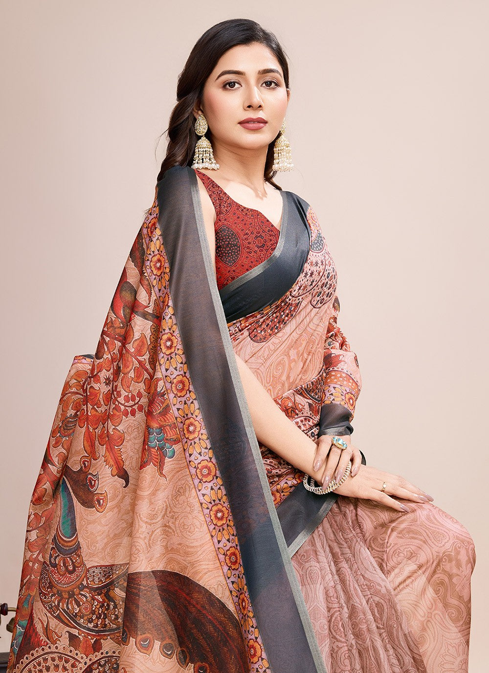 Border Work, Digital Print Linen Saree - S11538