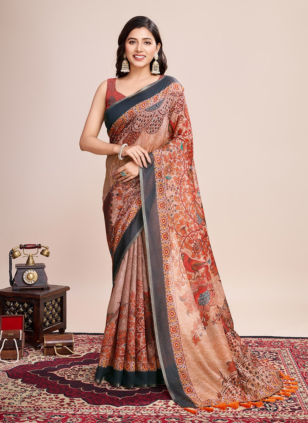 Border Work, Digital Print Linen Saree - S11538