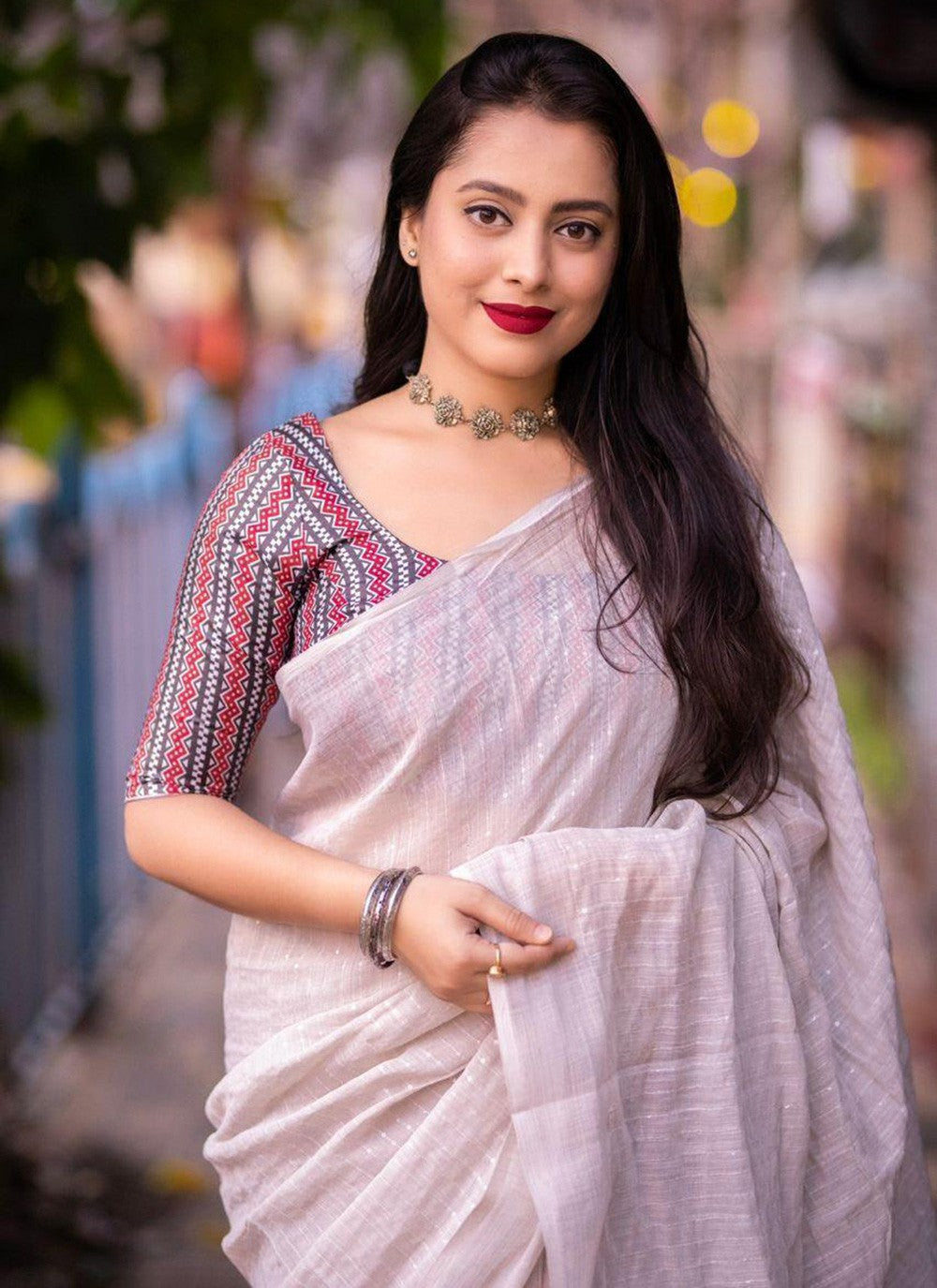 Contemporary Printed Linen Saree - S5771