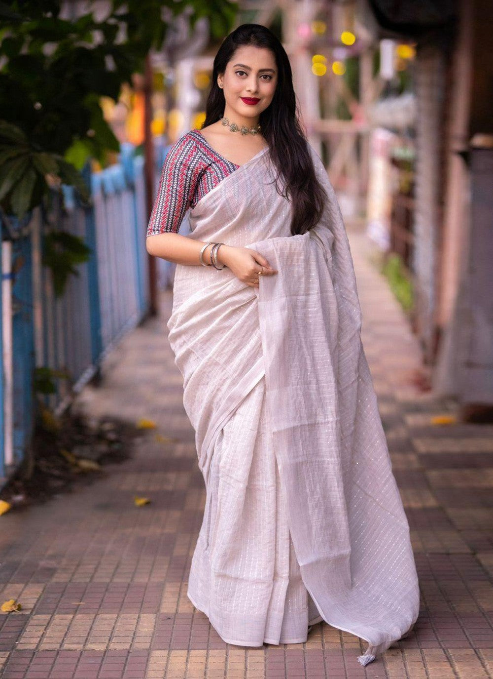 Contemporary Printed Linen Saree - S5771