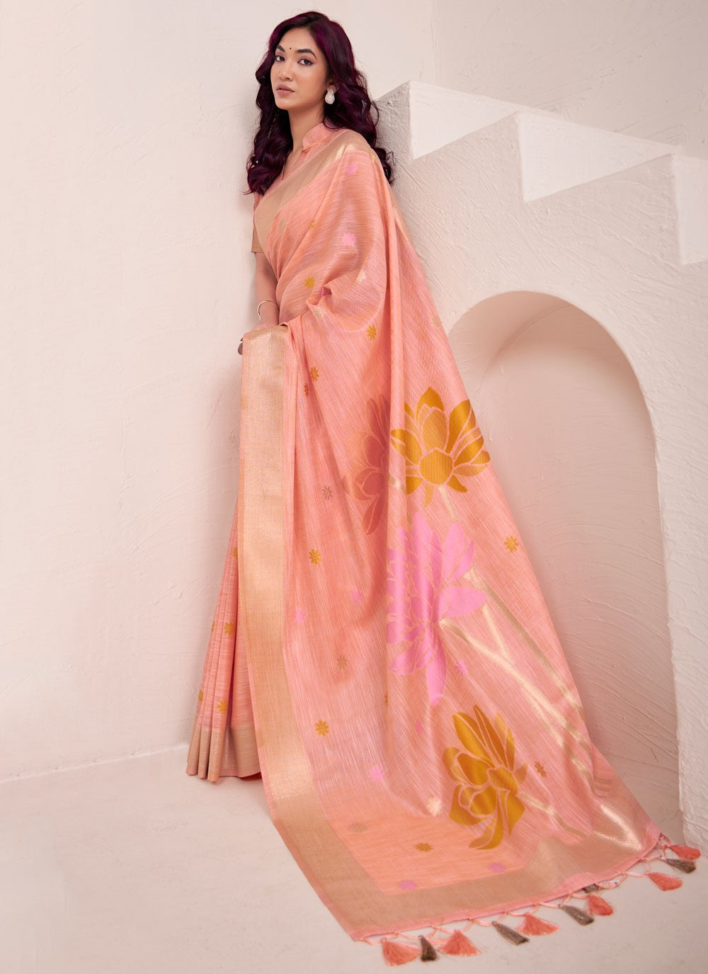 Peach Linen Designer Saree Buttis, Jacquard Work S19334