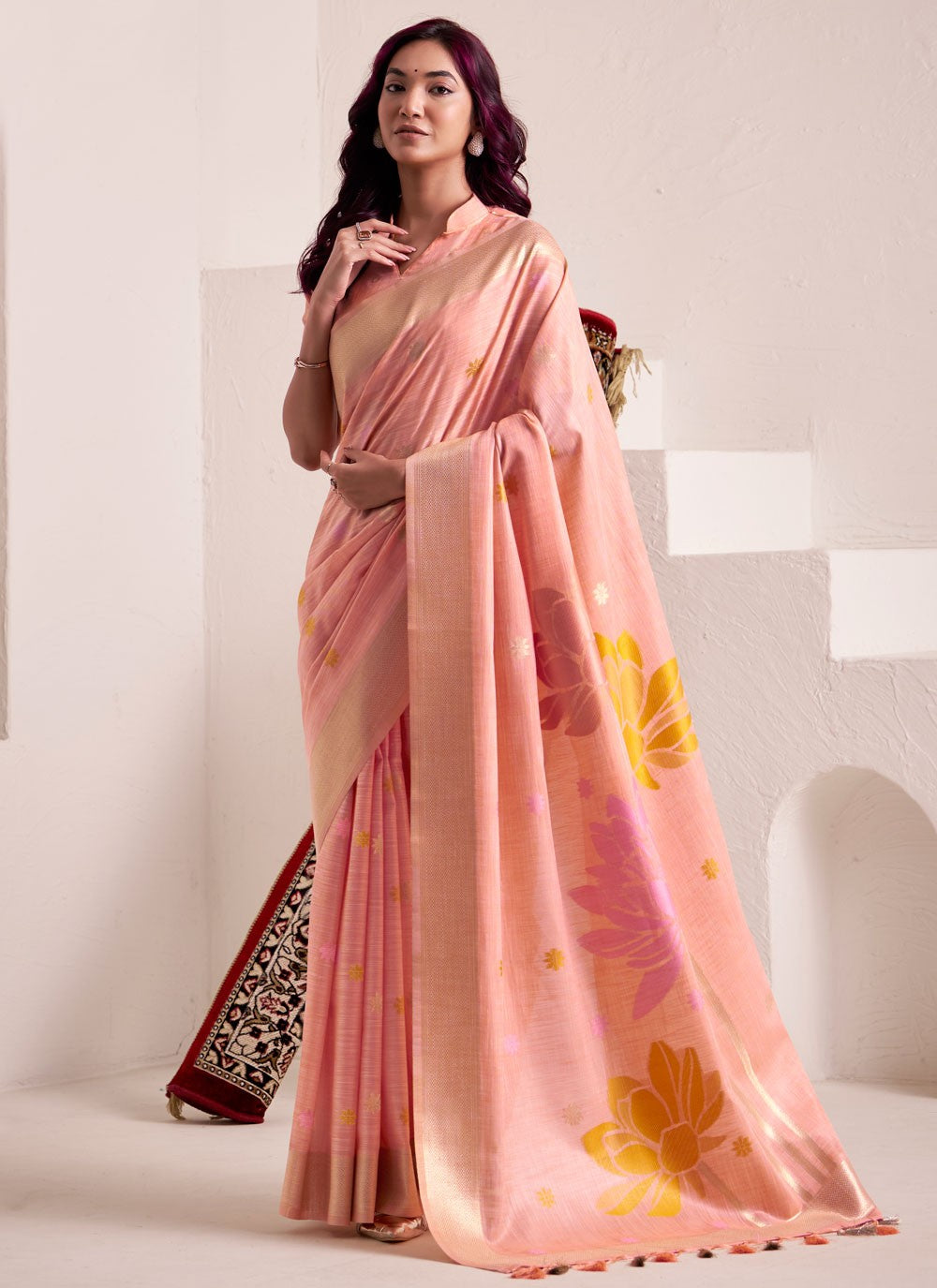 Peach Linen Designer Saree Buttis, Jacquard Work S19334