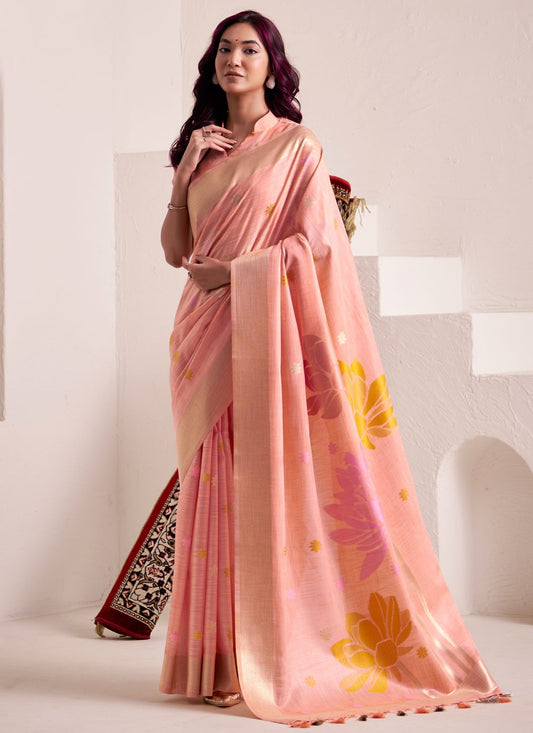 Peach Linen Designer Saree Buttis, Jacquard Work S19334