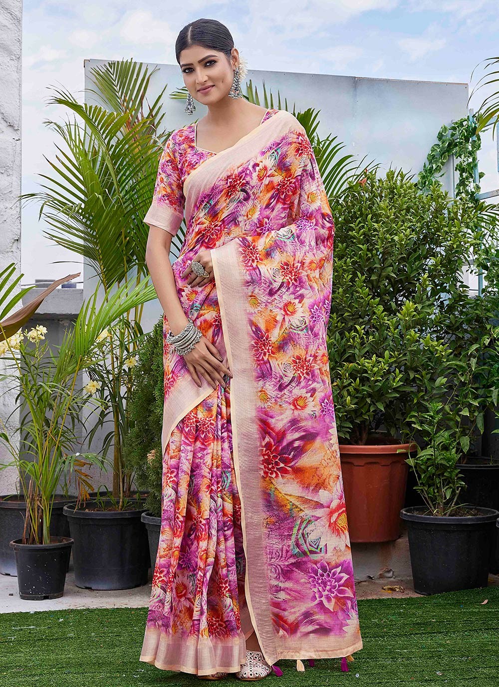 Classic Digital Print Linen Saree - S9004