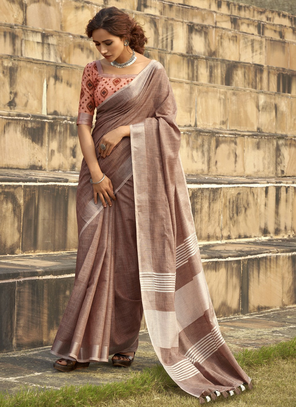 Classic Printed Linen, Silk Saree - S4119