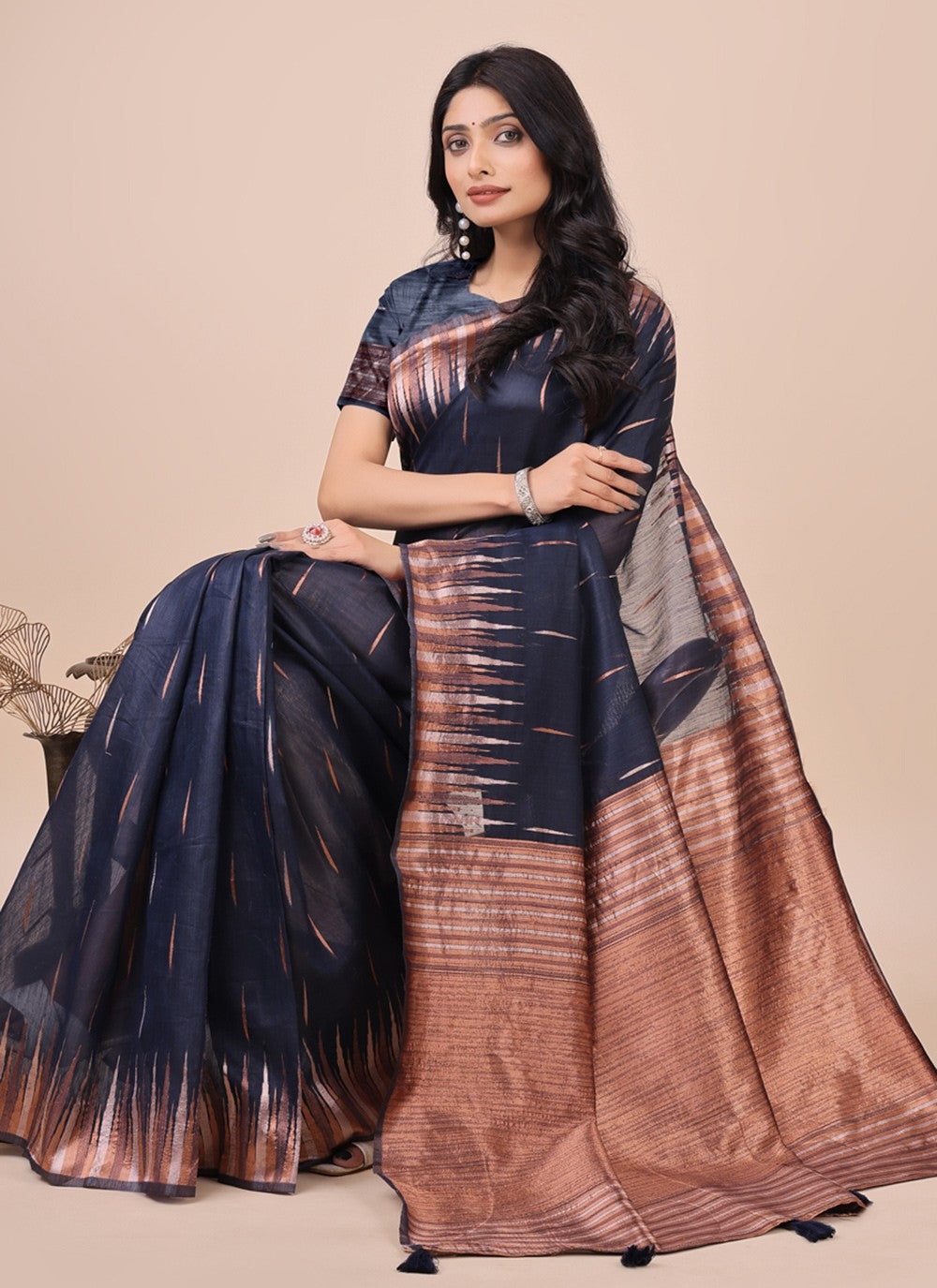 Weaving Zari Cotton Navy Blue Trendy Saree S15137