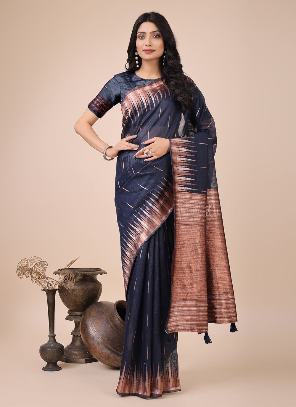 Weaving Zari Cotton Navy Blue Trendy Saree S15137