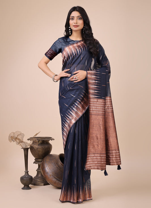 Weaving Zari Cotton Navy Blue Trendy Saree S15137
