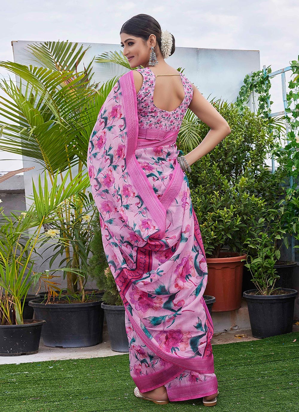 Classic Digital Print Linen Saree - S8986