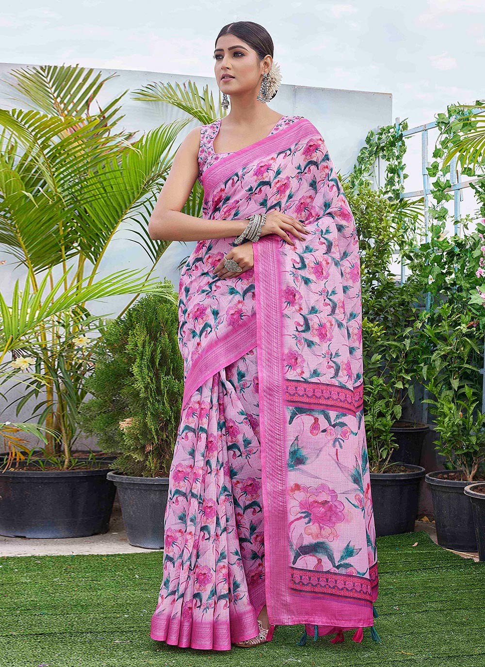 Classic Digital Print Linen Saree - S8986