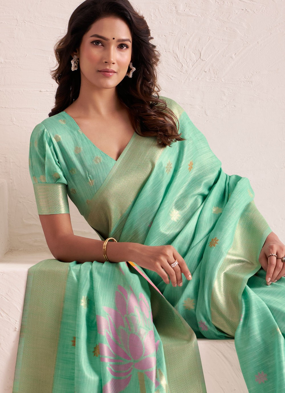 Turquoise Linen Classic Saree Buttis, Jacquard Work S19332