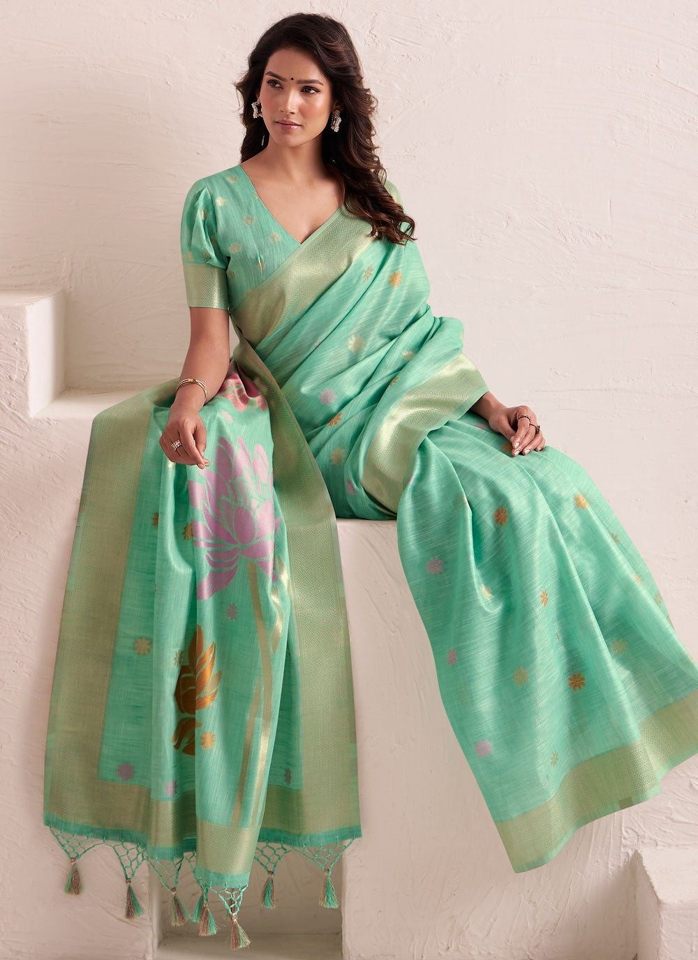 Turquoise Linen Classic Saree Buttis, Jacquard Work S19332