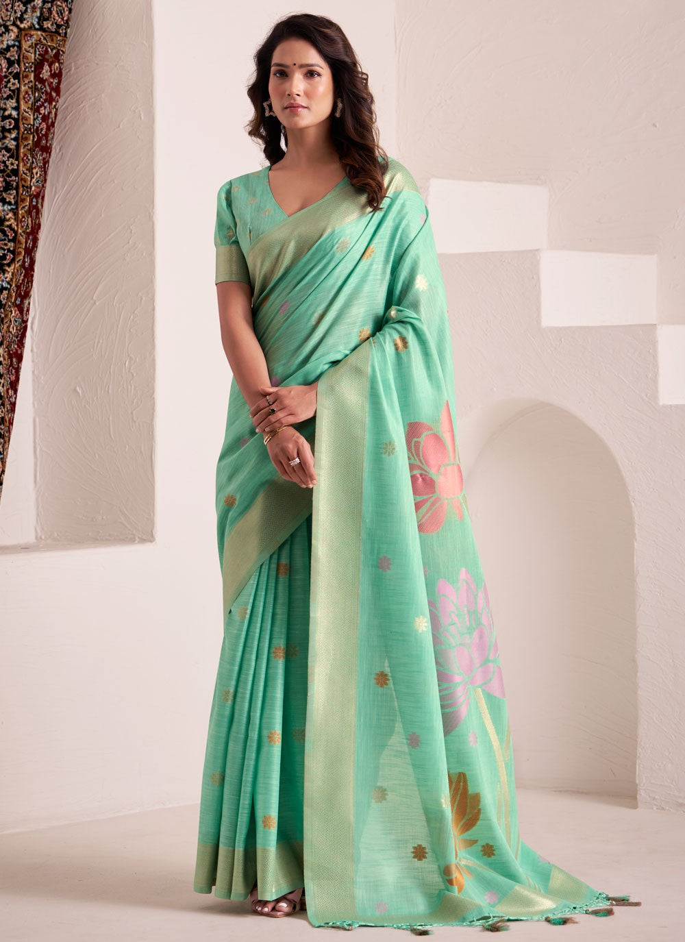 Turquoise Linen Classic Saree Buttis, Jacquard Work S19332