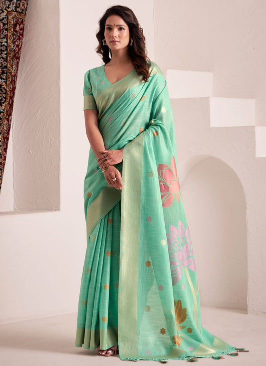 Turquoise Linen Classic Saree Buttis, Jacquard Work S19332