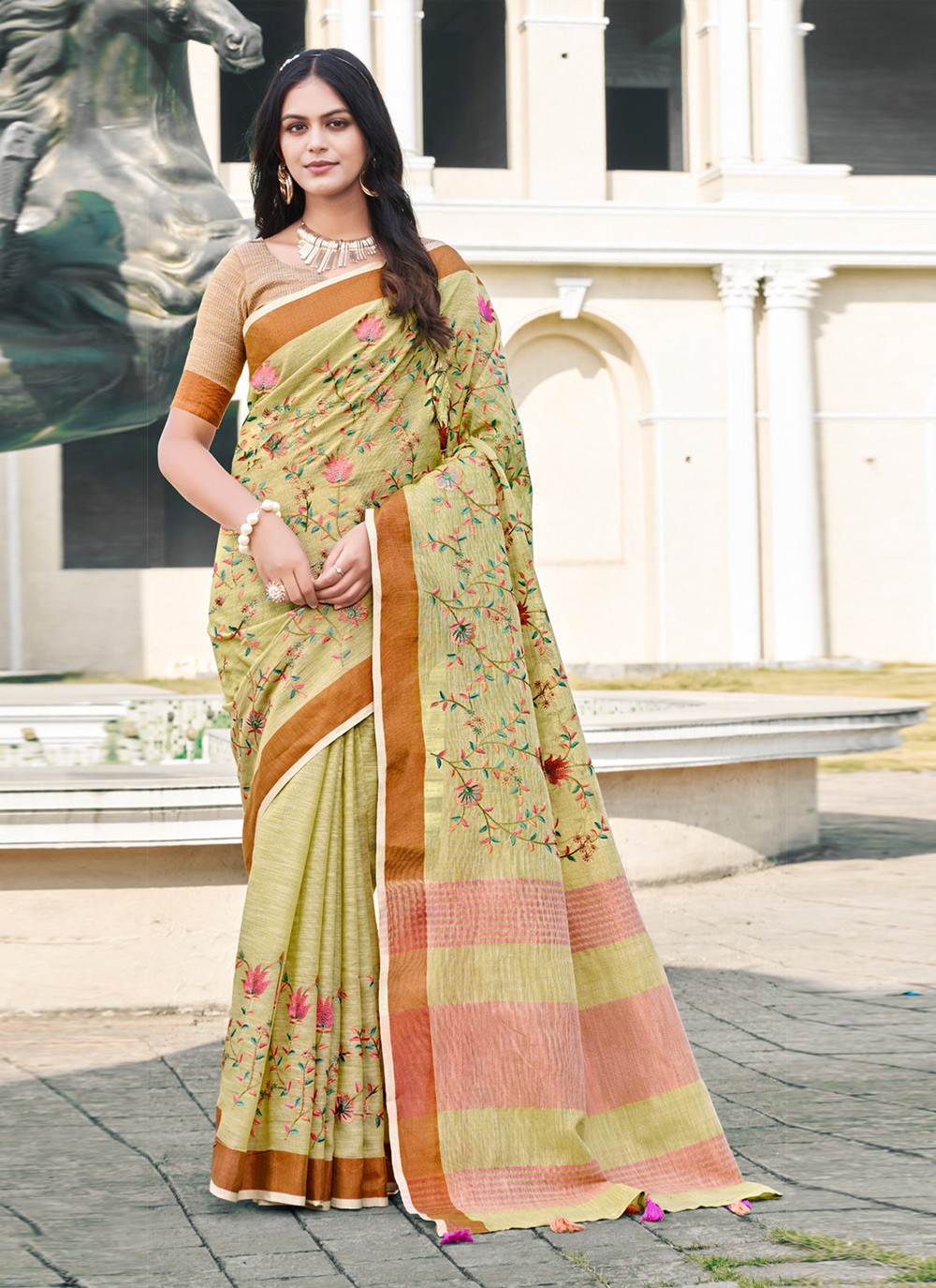 Traditional Weaving Zari Linen Saree - S4539