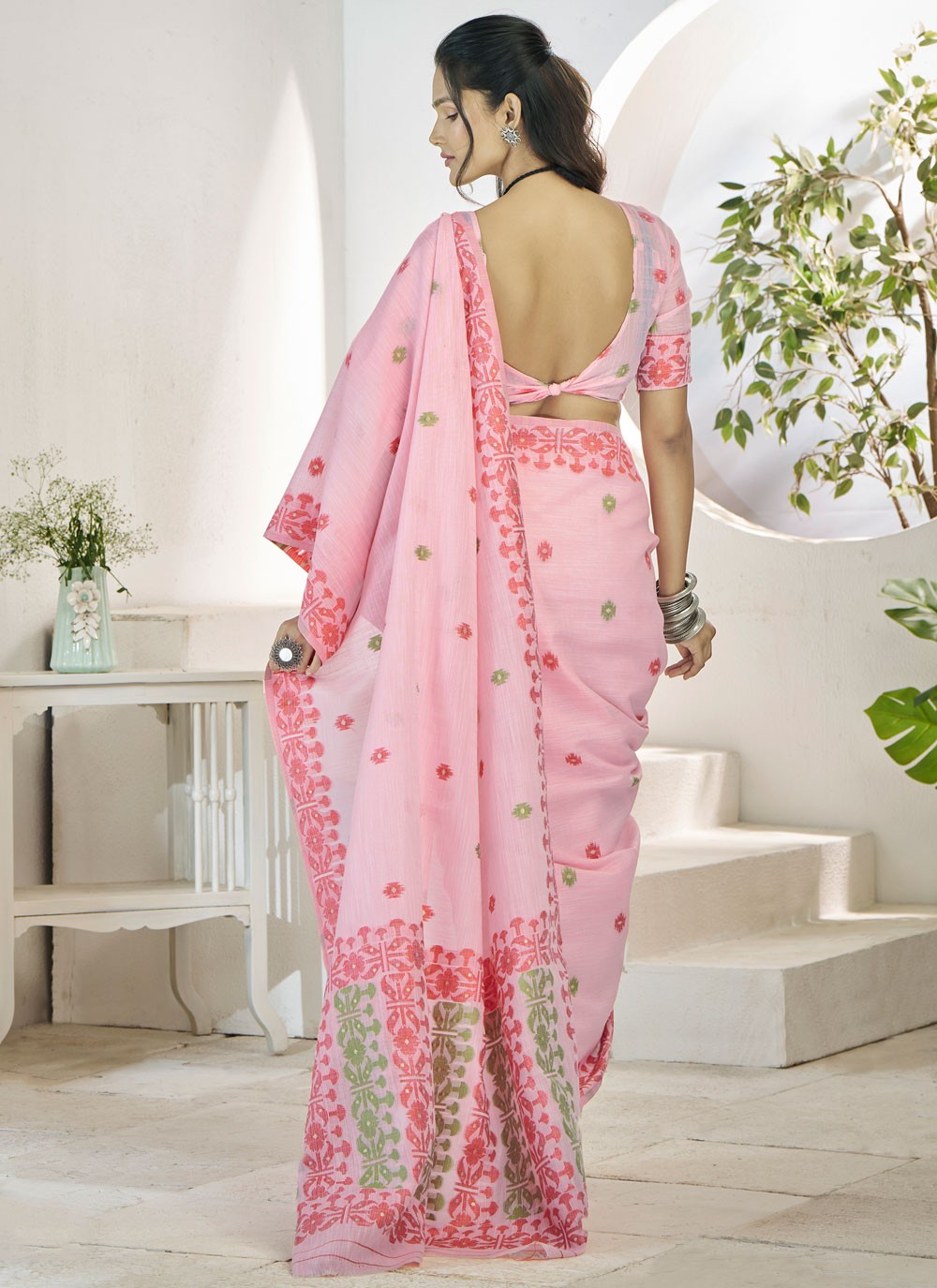 Aari Work Linen Pink Saree S13903