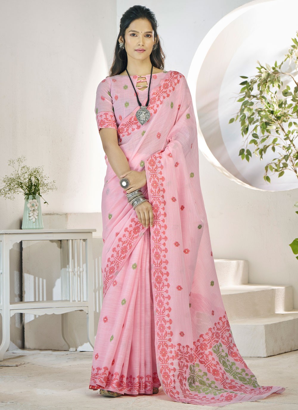 Aari Work Linen Pink Saree S13903