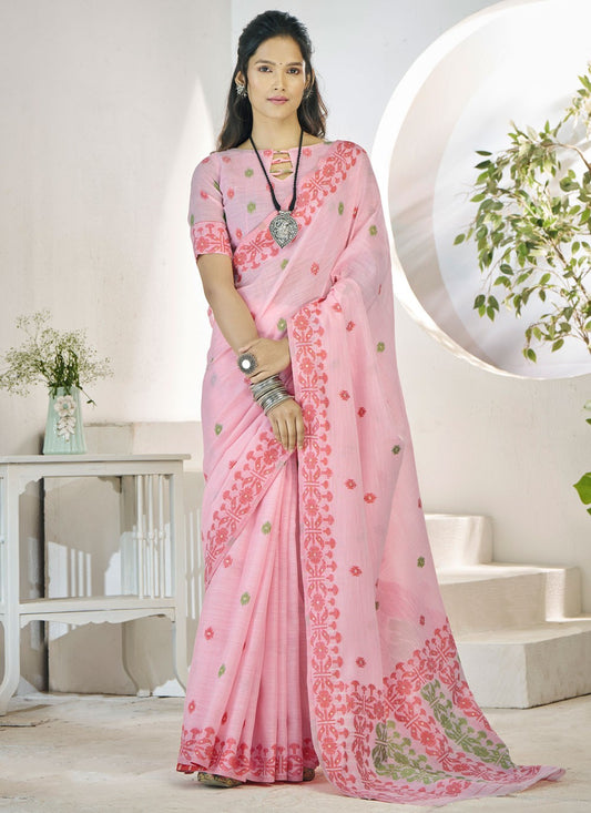 Aari Work Linen Pink Saree S14139