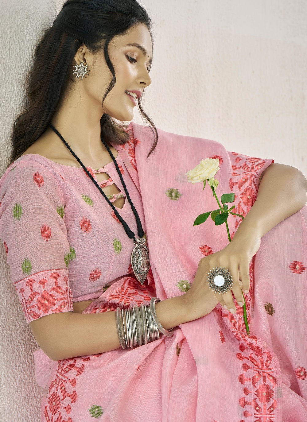 Aari Work Linen Pink Saree S14139