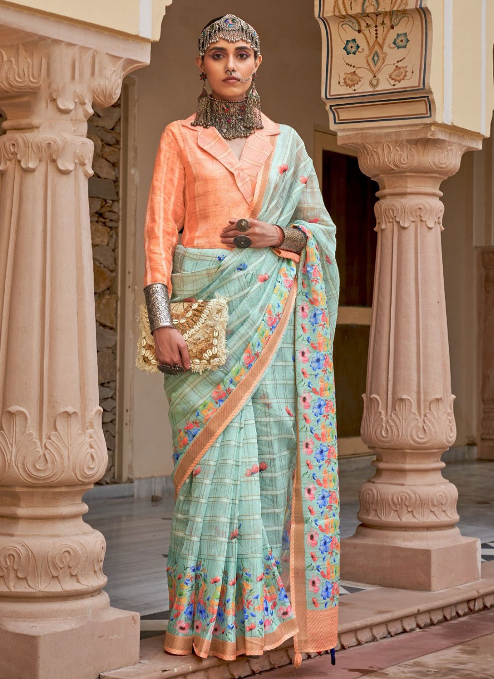 Trendy Floral Printed Linen Saree - S4987