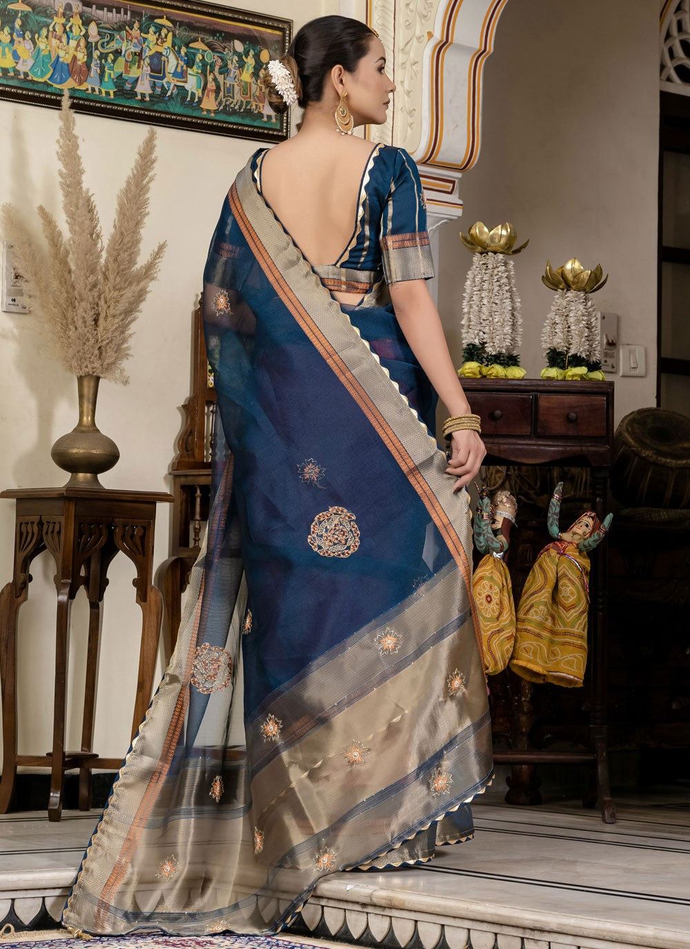 Navy Blue Linen Designer Saree Cutdana, Woven, Zari S15719