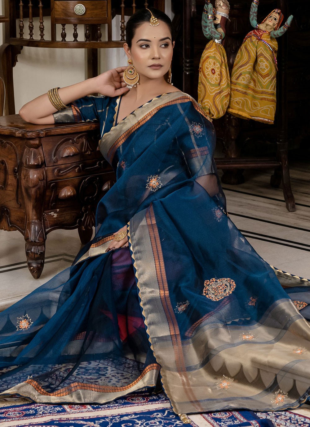 Navy Blue Linen Designer Saree Cutdana, Woven, Zari S15719