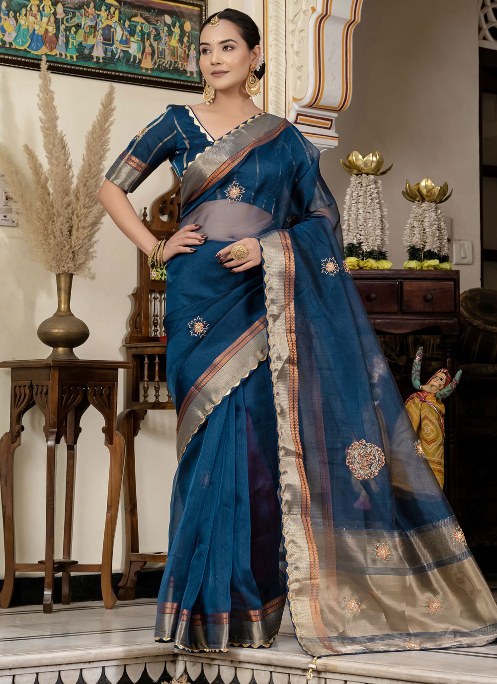 Navy Blue Linen Designer Saree Cutdana, Woven, Zari S15719